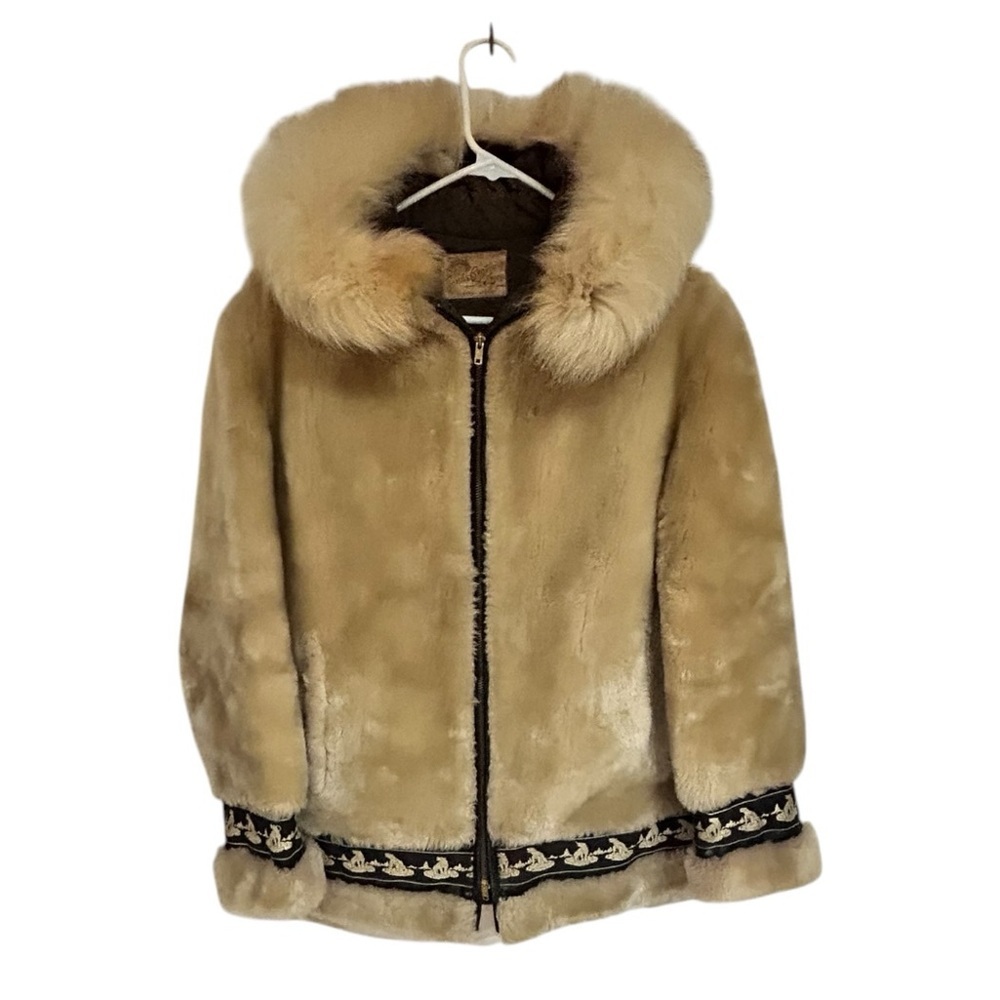Cream Mouton Fur Jacket with Arctic Wolf Fur-Trimmed Hood and Cozy Texture